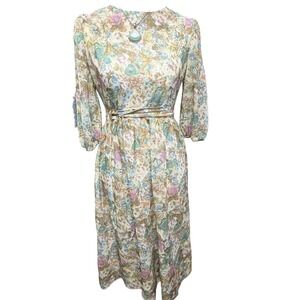 Vintage Floral Midi Dress 70s Cottagecore Boho Puff Small Medium Garden Feminine